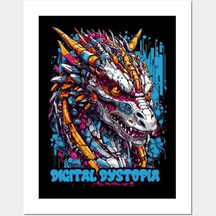 Neon Techno-Dragon Fusion Posters and Art